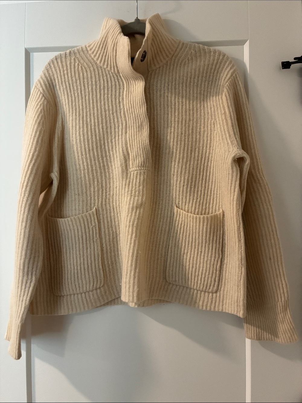J.crew- Cream Half-Zip Ribbed Sweater with Front Pockets